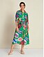 billige Print Dresses-Collared Leaf 3 4 Sleeve Midi Shirt Dress