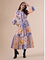 abordables Print Dresses-Botanical Belted V Neck Lantern Sleeve Maxi Dress