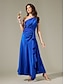 cheap Party Dresses-Satin Blue Sleeveless One Shoulder Ruffle Maxi Dress