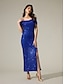 cheap Party Dresses-SequinBlue Ruched Off Shoulder Split Ends Maxi Dress