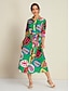 cheap Print Dresses-Leaf Collared 3/4 Length Sleeve Midi Shirt Dress