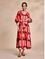 cheap Print Dresses-Folk Print Elegant Belted Lantern Sleeve Maxi Dress