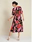 cheap Print Dresses-Floral Elastic Waist Half Sleeve Midi Dress