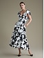 baratos Print Dresses-Women&#039;s V Neck Floral Dress Black and White Printing Elastic Waist Flying Sleeve Vacation Dress