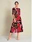 cheap Print Dresses-Floral Elastic Waist Half Sleeve Midi Dress