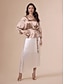 cheap Blouses-Satin Gold Belted V Neck Elegant Blouse