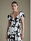 baratos Print Dresses-Women&#039;s V Neck Floral Dress Black and White Printing Elastic Waist Flying Sleeve Vacation Dress