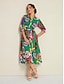 billige Print Dresses-Collared Leaf 3 4 Sleeve Midi Shirt Dress