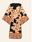 cheap Casual Dresses-Chiffon Leaf Print Long Sleeve Midi Dress