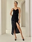 cheap Party Dresses-Velour Black Sleeveless Ruched Split Ends Elegant Party Midi Dress