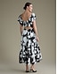 baratos Print Dresses-Women&#039;s V Neck Floral Dress Black and White Printing Elastic Waist Flying Sleeve Vacation Dress