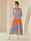 cheap Print Dresses-Plants Linear Button Up Crew Neck Ethnic Casual Maxi Dress