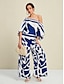 baratos Two Piece Sets-conjunto de duas peças elegante e casual abstrato com manga bufante e barco