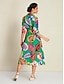 cheap Print Dresses-Leaf Collared 3/4 Length Sleeve Midi Shirt Dress