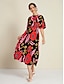 cheap Print Dresses-Floral Elastic Waist Half Sleeve Midi Dress