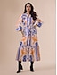 economico Print Dresses-Botanical Belted V Neck Lantern Sleeve Maxi Dress