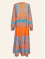 cheap Print Dresses-Plants Linear Button Up Crew Neck Ethnic Casual Maxi Dress