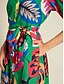 cheap Print Dresses-Leaf Collared 3/4 Length Sleeve Midi Shirt Dress