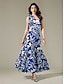 economico Print Dresses-Satin Ruffle Flower Shoulder Maxi Dress