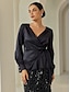 cheap Blouses-Satin Tuxedo Formal Party Lantern Sleeve Black Elegant V Neck Blouse