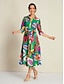 billige Print Dresses-Collared Leaf 3 4 Sleeve Midi Shirt Dress