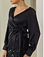 cheap Blouses-Satin Tuxedo Formal Party Lantern Sleeve Black Elegant V Neck Blouse