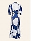 cheap Party Dresses-Blue Floral Print Ruffle Elegant Maxi Dress