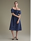 abordables Vestidos casuales-Cotton Square Neck Midi Dress with Tie Front Short Sleeve