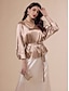 baratos Blouses-Satin Gold Belted V Neck Blouse