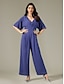 cheap Jumpsuits-Chiffon Shirred Magyar Sleeve V Neck Jumpsuit