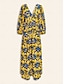 baratos Print Dresses-Chiffon Drawstring V Neck Print Maxi Dress