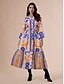 economico Print Dresses-Botanical Belted V Neck Lantern Sleeve Maxi Dress