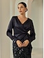 abordables blusas-Satin Design Lantern Sleeve Tuxedo Blouse