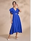 baratos Vestidos Casuais-Royal Blue Ruffle Belted Chiffon Dress