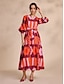 economico Print Dresses-Folk Print Belted Lantern Sleeve Maxi Dress