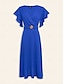 economico Vestiti casual-Royal Blue Chiffon Ruffle Belted V Neck Dress