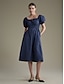 abordables Vestidos casuales-Cotton Square Neck Midi Dress with Tie Front Short Sleeve