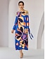 cheap Print Dresses-Loose Floral Printing Fall Crew Neck Elegant Casual Midi Dress