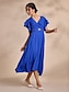 baratos Vestidos Casuais-Royal Blue Ruffle Belted Chiffon Dress