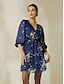 abordables Print Dresses-Ruched Floral V Neck Chiffon Mini Dress