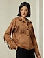 cheap Outerwear-Suede Fringe Hem Crew Neck Jacket