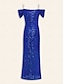 cheap Party Dresses-SequinBlue Ruched Off Shoulder Split Ends Maxi Dress