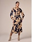 cheap Print Dresses-Satin Floral Printing Shirt Collar Casual Midi Dress