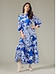 cheap Print Dresses-Satin Floral Swing Knotted Belted Maxi Dress