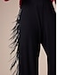 cheap Two Piece Sets-Lace Jacket &amp; Cotton Black Tassel Pants Two Piece Set