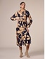 cheap Print Dresses-Satin Floral Printing Shirt Collar Casual Midi Dress