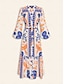 economico Print Dresses-Botanical Belted V Neck Lantern Sleeve Maxi Dress