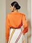 preiswerte Two Piece Sets-Satin-Bluse mit Cross-Kragen in Orange&amp;amp;Zweiteiliges Set mit mehrfarbig gestreiftem Midirock