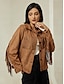 cheap Outerwear-Suede Fringe Hem Crew Neck Jacket