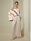 cheap Two Piece Sets-Satin Multi Color Stripe Slash Neck Blouse &amp; Beige Casual Daily Pants Two Piece Sets